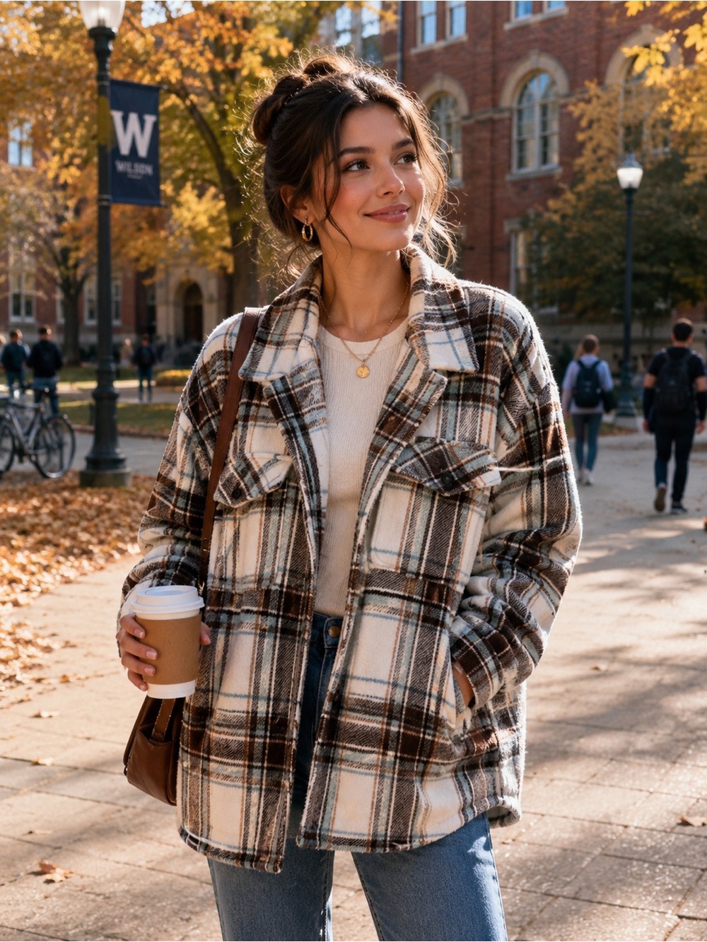 Garage Cream and Brown Plaid Teddy Jacket
